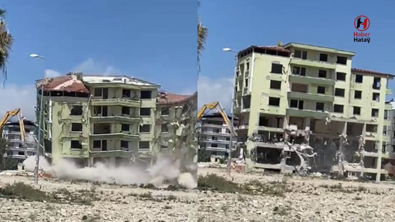 Hatay Defne’de 7 Katlı Riskli Bina Kontrollü Şekilde Yıkıldı