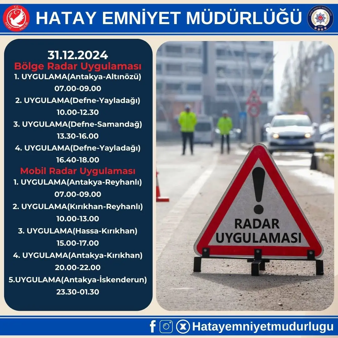 Hatay’da Antakya, Defne, Arsuz, İskenderun, Dörtyol, Reyhanlı ve Altınözü’nde 09.00-20.30 saatleri arasında radar denetimleri yapılarak hız ve trafik kuralları kontrol edilecek.