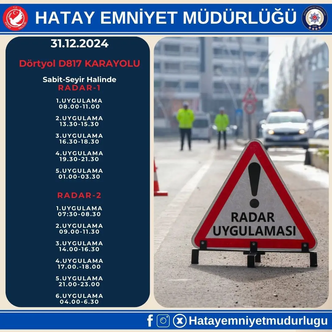 Hatay’da Antakya, Defne, Arsuz, İskenderun, Dörtyol, Reyhanlı ve Altınözü’nde 09.00-20.30 saatleri arasında radar denetimleri yapılarak hız ve trafik kuralları kontrol edilecek.