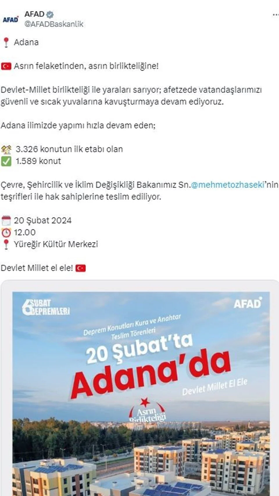 Adana'da 6 Şubat depremlerinin ardından inşa edilen 3.326 konutun ilk etabı olan 1.589 konut için kura çekimi 20 Şubat Salı günü saat 12.00'de gerçekleştirilecek