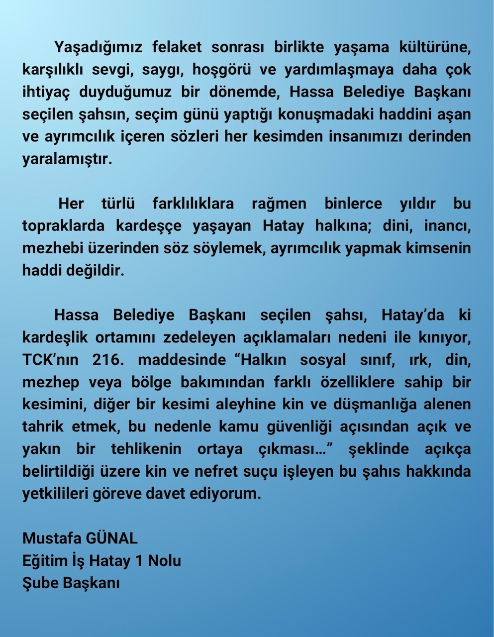 Hassa'da AKP'li Belediye Başkanı Selahattin Çolak'ın seçim sonrası yaptığı konuşmada Alevileri hedef alması ve onlarla hesaplaşacağını söylemesi tepkilere neden oldu. 