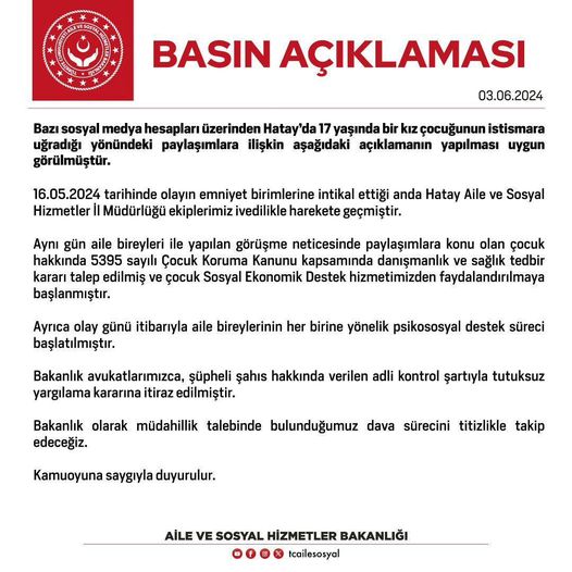 Hatay'da 17 yaşındaki bir kız çocuğunun, çalıştığı işyerinde patronu tarafından istismara maruz kaldığına dair sosyal medyada paylaşımlar yapıldı.