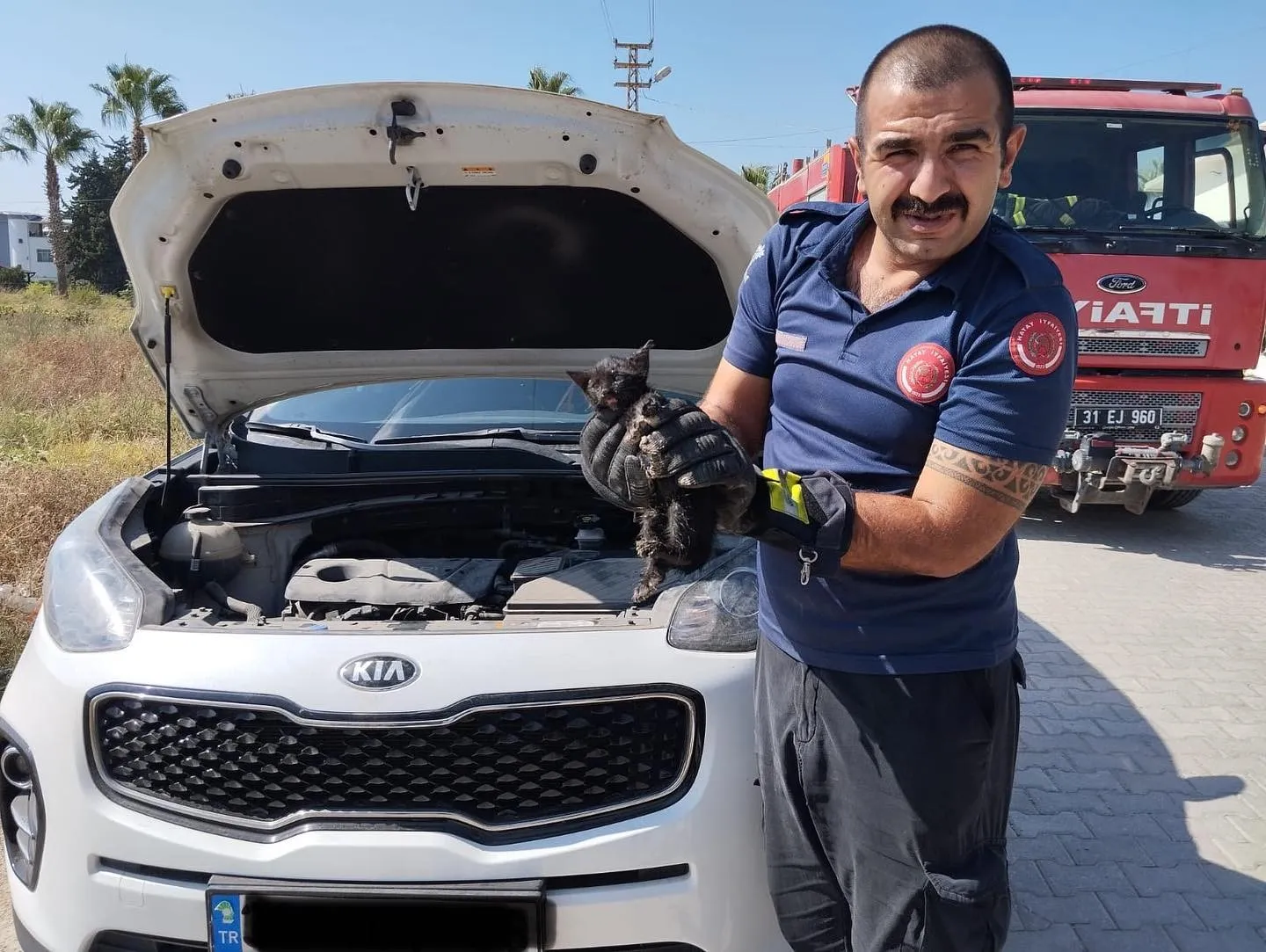 Hatay'da park halindeki aracın motorunda mahsur kalan kedi itfaiye sayesinde kurtarıldı